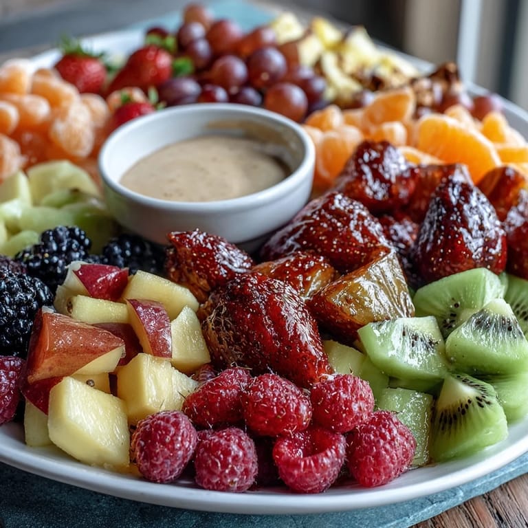 Fresh and inviting Spring Fruit Table Platter with Dipping Yogurt Sauce, showcasing a rainbow of seasonal fruits beside a creamy honey-lemon yogurt bowl.  