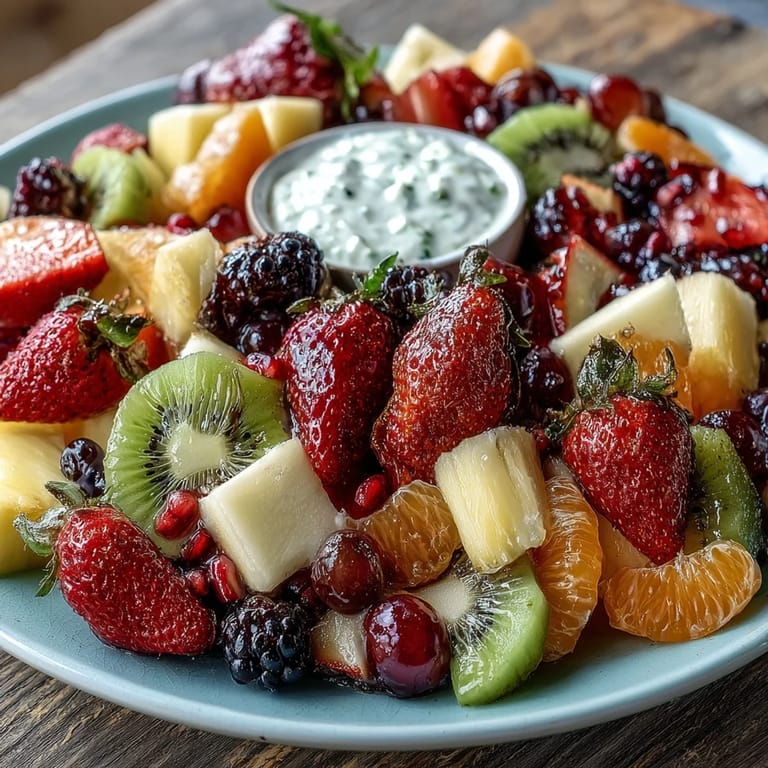 Elegant Spring Fruit Table Platter with Dipping Yogurt Sauce, artfully displayed for a brunch buffet, complete with crisp apple slices and juicy grapes.