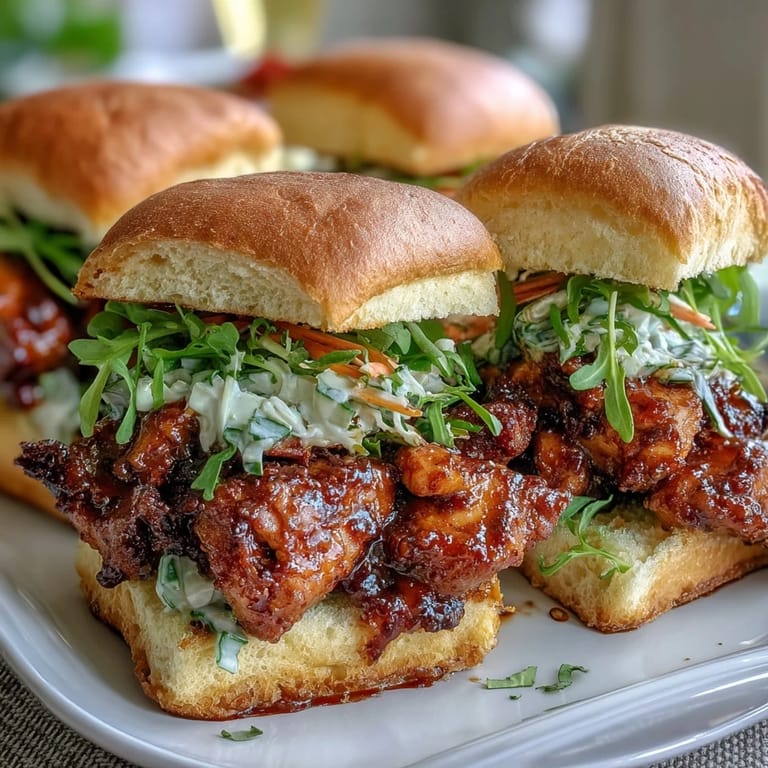 Smoky shredded BBQ chicken piled high on toasted slider buns, finished with crisp, creamy coleslaw for a summer party.  