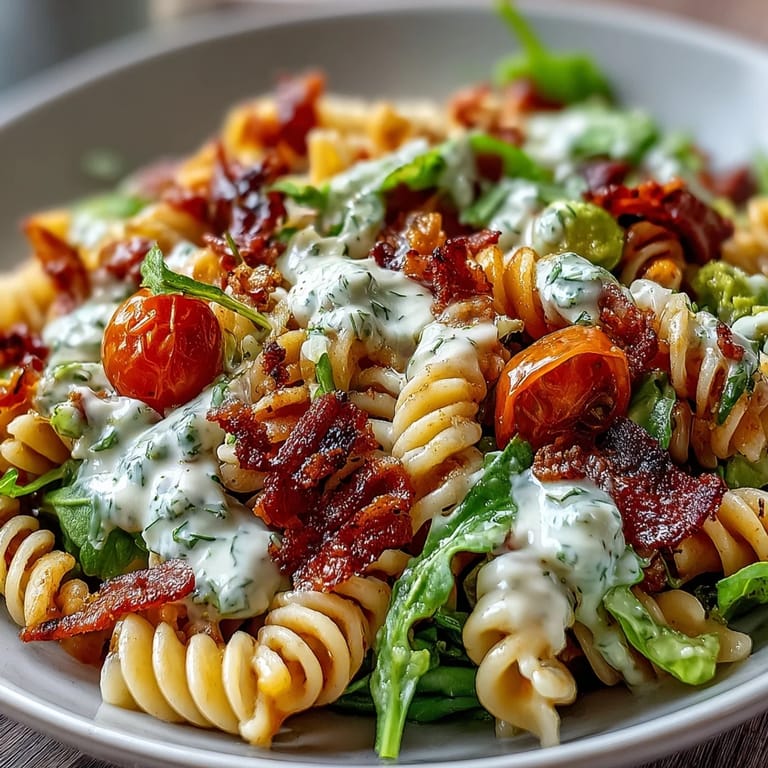 A hearty bowl of BLT pasta salad featuring crunchy bacon, buttery avocado, and juicy tomatoes, perfect for summer picnics.