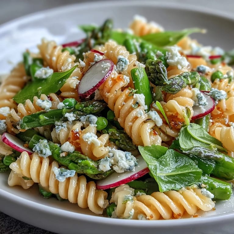 Fresh spring pasta salad with lemon vinaigrette, radishes, and asparagus—colorful, light, and perfect for a sunny picnic.