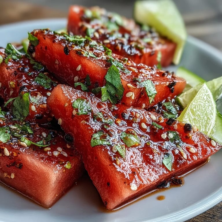 Refreshing watermelon wedges with a sprinkle of Tajin and a squeeze of lime for a zesty kick.