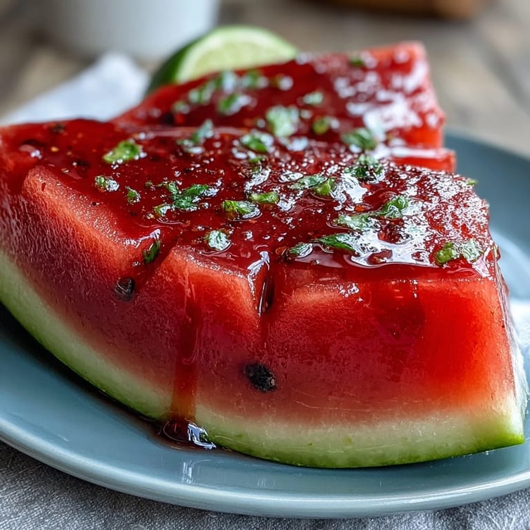 Zesty watermelon slices seasoned with Tajin and fresh lime, an easy and vibrant snack for hot days.