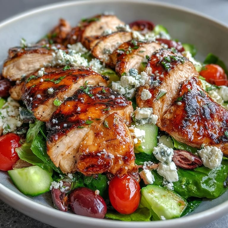 A vibrant summer salad bowl filled with crisp romaine, cherry tomatoes, cucumbers, olives, and tender grilled chicken, drizzled with zesty Greek dressing.  