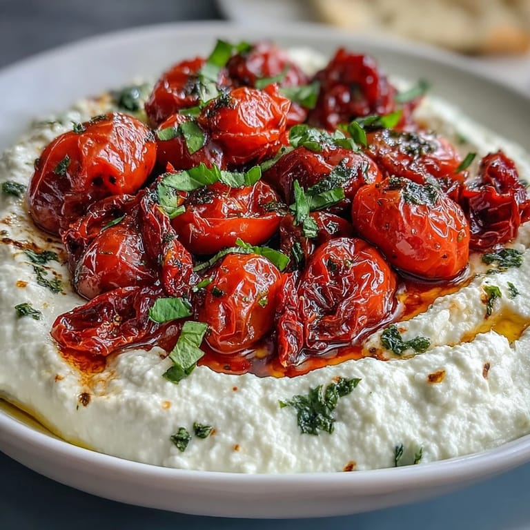 Velvety feta and cream cheese blend creates a tangy base, crowned with caramelized cherry tomatoes and a drizzle of olive oil.  