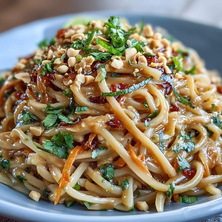 Creamy Thai Peanut Noodle Salad, a colorful, healthy dish topped with chopped nuts.