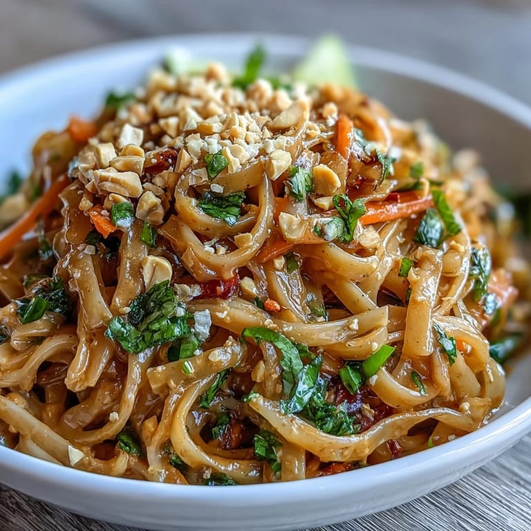 Savory Thai Peanut Noodle Salad glistening with rich peanut-lime sauce.