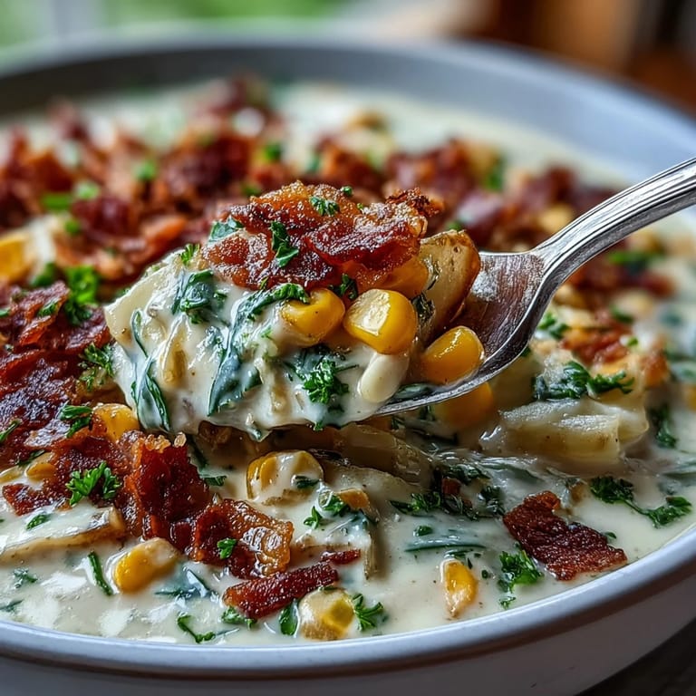 Golden Cabbage Corn Chowder, garnished with crispy bacon and herbs.