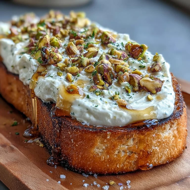 Elegant Whipped Ricotta Bruschetta appetizer featuring fluffy cheese, drizzy honey, and toasted baguette.