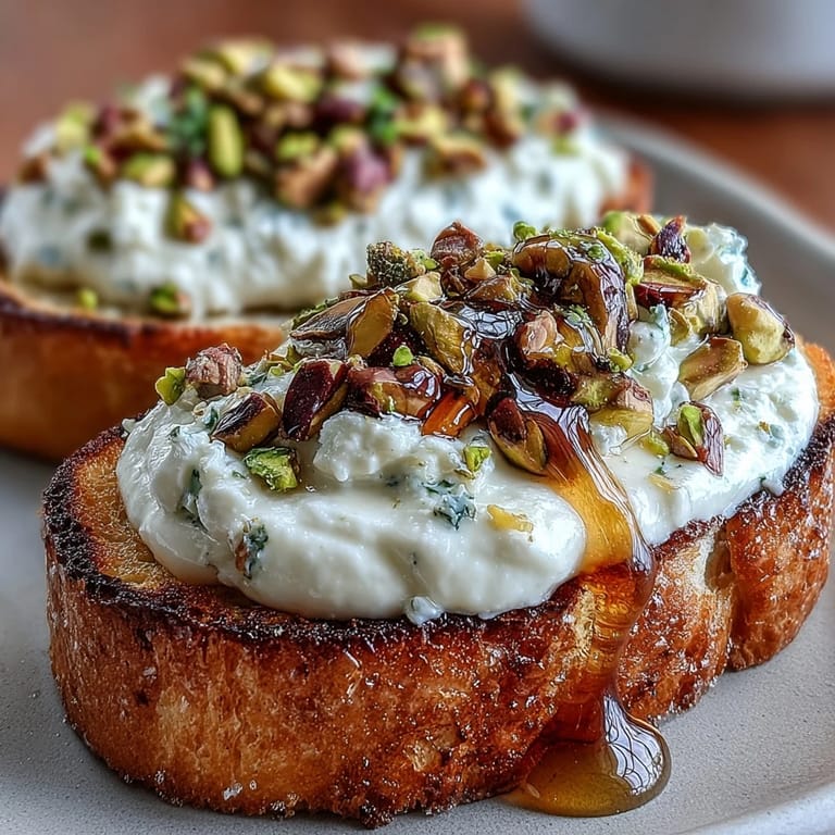 Italian Whipped Ricotta Bruschetta: easy appetizer with fresh ricotta, nutty pistachios, and light honey glaze.