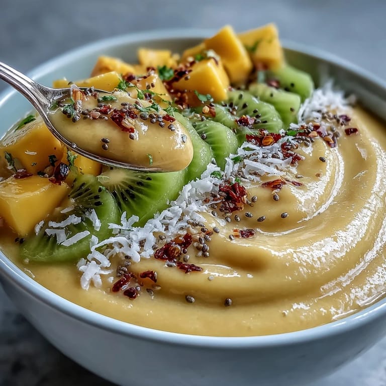 Creamy Mango Chili Lime Smoothie Bowl, a refreshing gluten-free morning treat.
