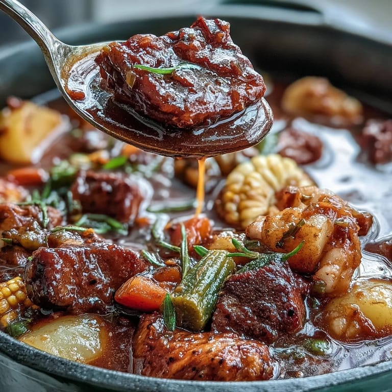 Savory Kentucky Derby Burgoo Stew: a rustic, bubbling pot of tender meats and vegetables, perfect for serving.