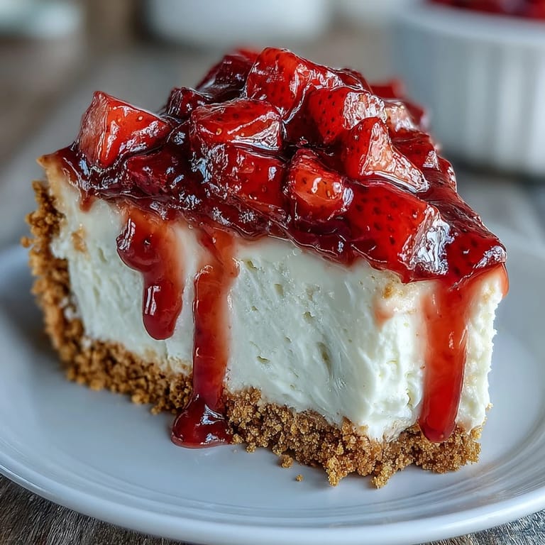 Luscious no-bake strawberry cheesecake, elegantly topped with fresh red fruit compote.