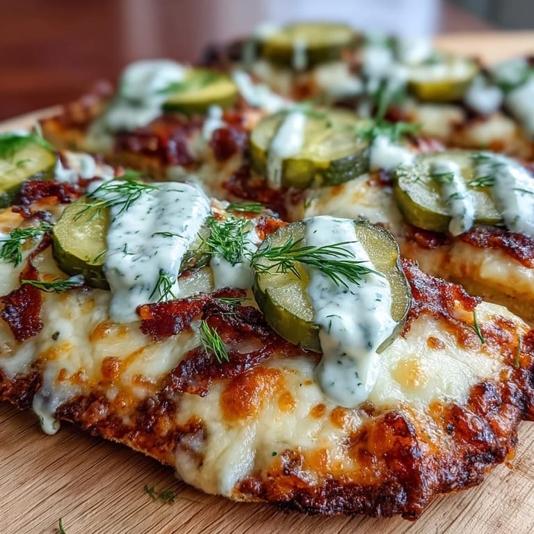 Golden-baked Pickle Pizza Flatbread topped with creamy garlic ranch sauce.