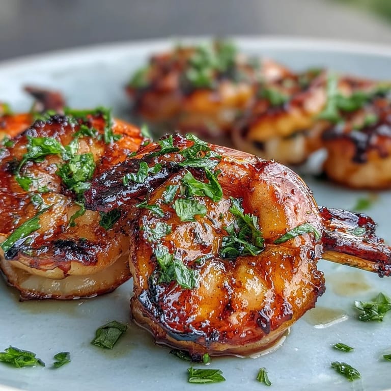 Visually imagine perfectly cooked grilled honey garlic shrimp skewers with a glistening glaze.