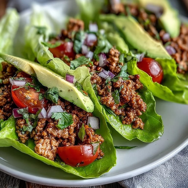 Colorful Turkey Taco Lettuce Wraps photo showcasing fresh avocado and tomato toppings.