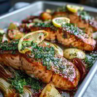 Golden-brown roasted salmon fillets nestled among tender leeks and red onion wedges, glistening with fresh parsley dressing.  