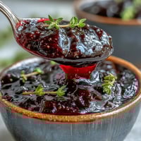 Shiny Black Currant Glaze coats roasted pork, adding a tangy-sweet, sticky finish with fresh thyme and balsamic notes.