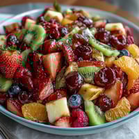 Vibrant Spring Fruit Table Platter with Dipping Yogurt Sauce arranged on a rustic wooden board, featuring colorful berries, melon, and citrus.  