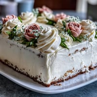 Simple First Communion Sheet Cake with Buttercream Flowers on a white cake stand, decorated with delicate pastel piped flowers and soft green leaves, perfect for a spring celebration.