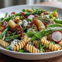 Spring pasta salad with lemon vinaigrette and radishes, vibrant and crisp with tender vegetables and tangy citrus dressing.