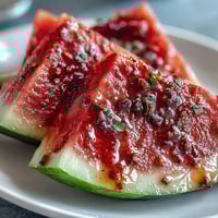A colorful platter of watermelon slices dusted with Tajin and lime, perfect for summer snacking.