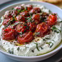 Creamy whipped feta dip topped with sweet roasted cherry tomatoes and fresh basil, served with warm pita bread for dipping.  