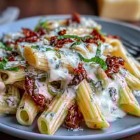 Marry Me Pasta: creamy, cheesy pasta with sun-dried tomatoes and fresh basil.