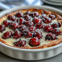 Warm Fresh Cherry Clafoutis, golden and dusted with powdered sugar.