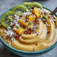 A vibrant Mango Chili Lime Smoothie Bowl topped with fresh fruit and granola.