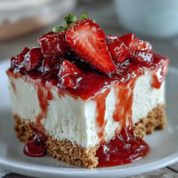 Creamy no-bake strawberry cheesecake with a graham crust, ready to be devoured.