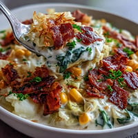 Creamy Cabbage Corn Chowder brimming with bacon and fresh vegetables.
