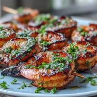 Juicy grilled honey garlic shrimp skewers sizzle on the grill, a perfect summer meal starter.